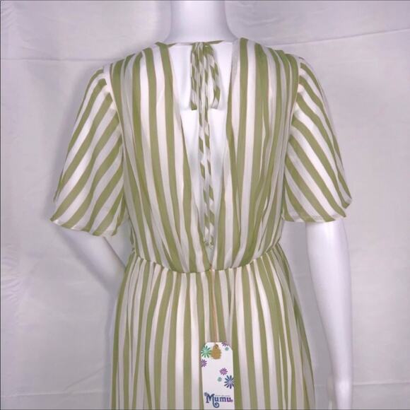 SMY MuMu Cream Olive Green Stripes V-Neck Short Sleeves Midi Dress SzM NWT - Picture 9 of 16